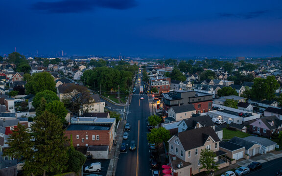 Aerial Twilight View of East Rutherford Residential Neighborhood with NYC Skyline Horizon