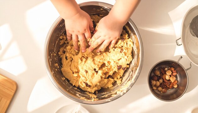 Child mixing cookie dough in stainless steel bowl with hands