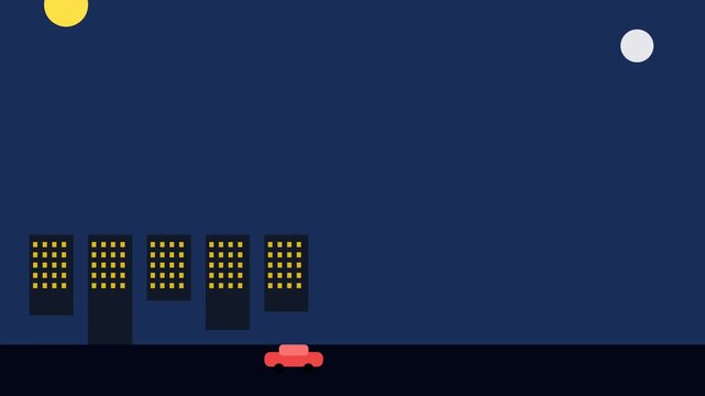 Minimalist night drive through a calm urban landscape, featuring a lone red car passing illuminated buildings under a soft moon in a simple vector illustration style
