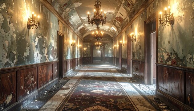 Abandoned hotel corridor with flickering chandeliers and worn decor