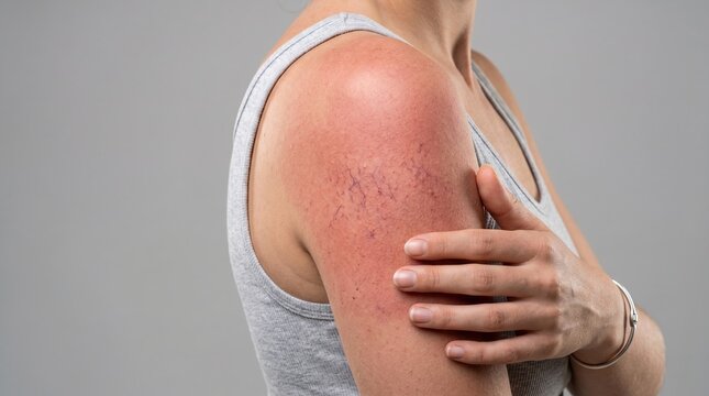 Close-up of visible broken capillaries and spider veins on woman's shoulder skin