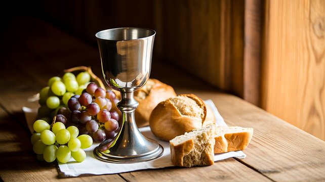   Holy communion bread grapes and wine on wooden table with sunlight