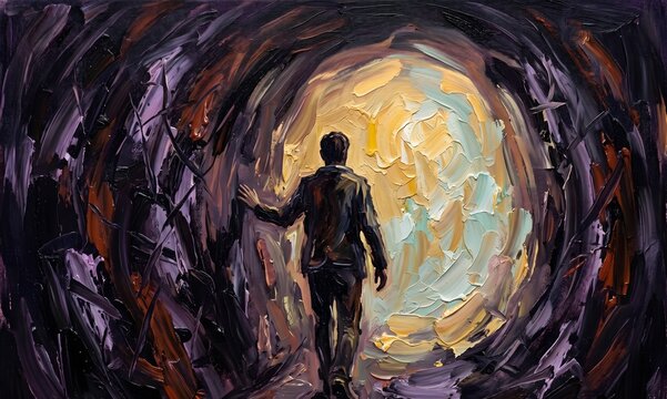 An expressionist oil painting on canvas: a figure &mdash; a person of any age, gender-neutral, seen from behind &mdash; moves slowly but deliberately through a dark, narrow corridor of swirling.