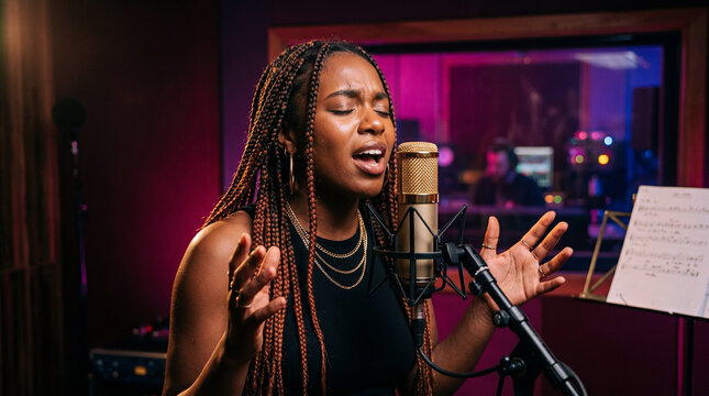 Passionate Black female singer recording vocals into gold condenser microphone in colourful recording studio