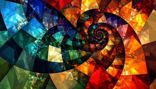 Abstract geometric spiral formed by colorful fragmented polygons in artistic composition
