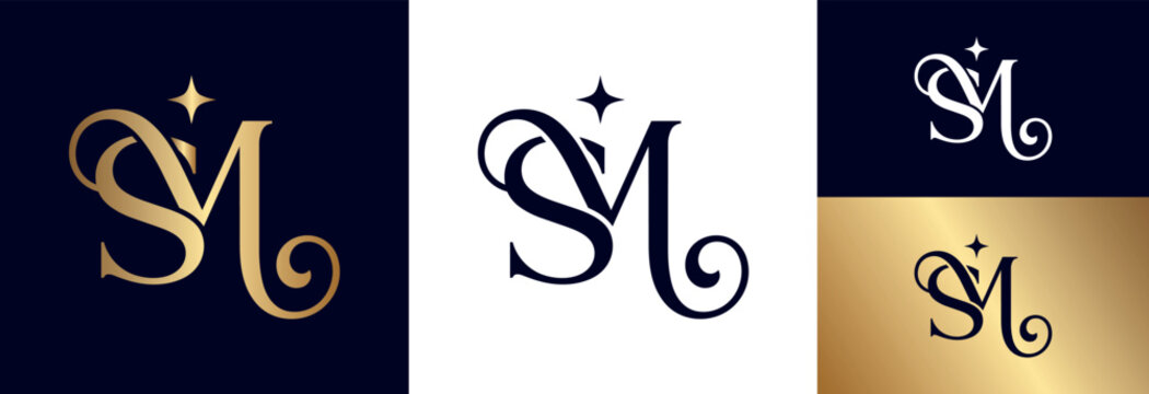 Artistic SM monogram logo in gold and dark blue with star accent.