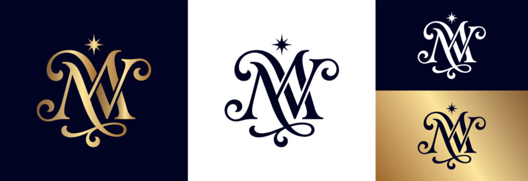 Elegant monogram mv initial letter logo in gold and navy colors.