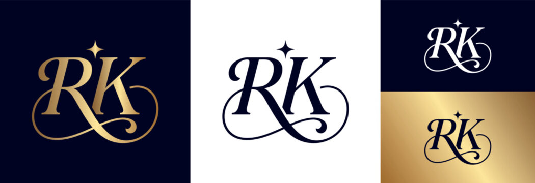 Classy monogram rk initial letter logo in gold and navy colors.