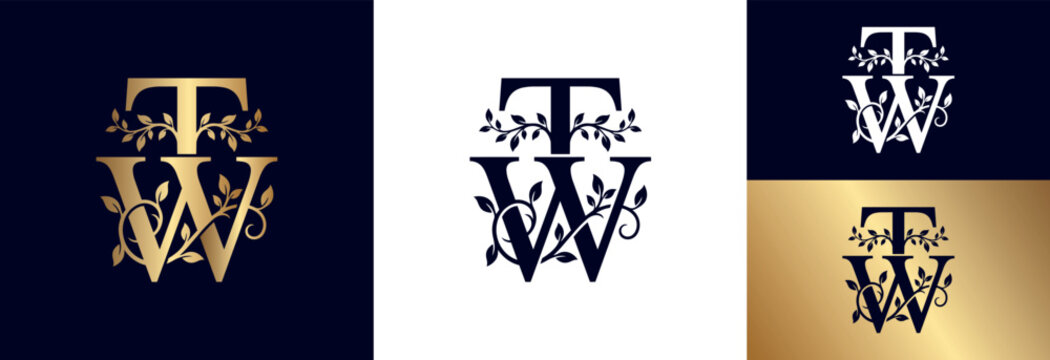 TW monogram with leaves, vintage design, gold and navy blue.
