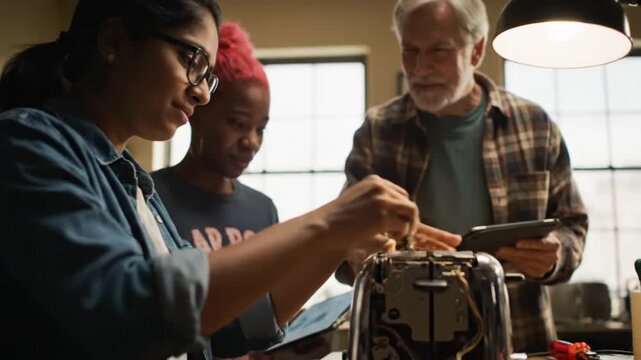 Female technician repairing broken toaster appliance on messy desk