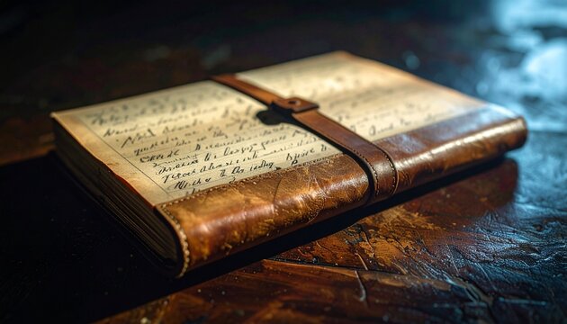 Old leather journal with handwritten notes tied with string on wooden surface