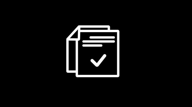 A white outline on a black background two stacked documents with horizontal lines of text and a prominent checkmark symbol on the lower document, signifying completion, approval, or a task