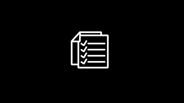 A white outline on a black background two stacked documents with multiple horizontal lines of text, each accompanied by a small checkmark symbol, suggesting a detailed checklist or a series of