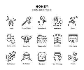 Obraz na płótnie Canvas Honey beekeeping line icon set