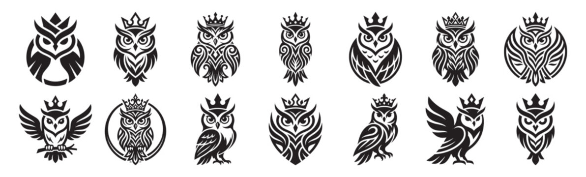 Set of royal owl emblems with crowns for logos and symbols graphic design.