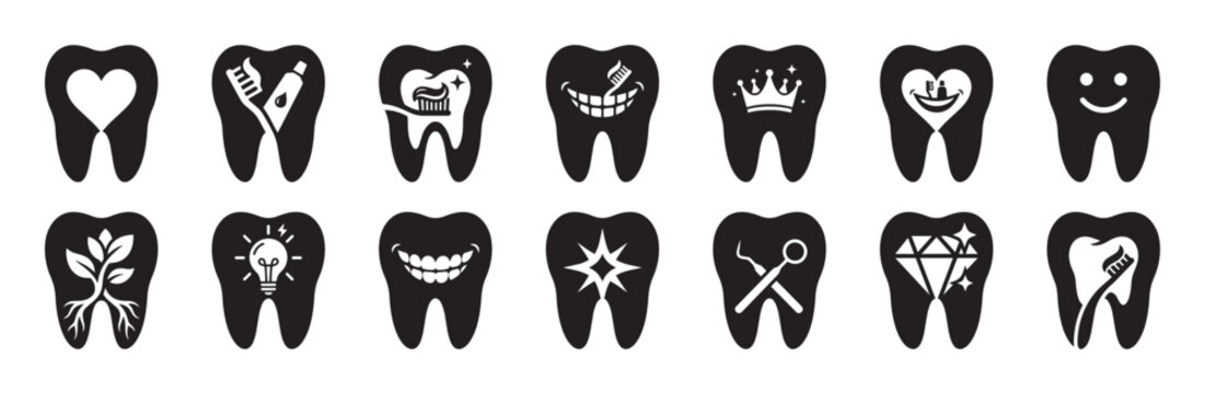 Happy healthy tooth icons with dental care symbols for dental clinics.