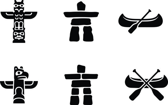 Canada Victoria Day Indigenous Heritage and Outdoors Icon Set, Canadian Culture Symbols Silhouette, Totem Pole, Inuksuk, and Canoe with Paddles Vector Illustrations