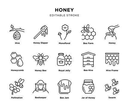 Honey beekeeping line icon set
