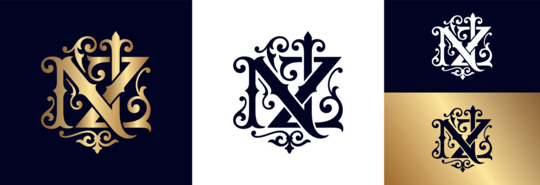 Ornate monogram nz logo with flourish in gold on dark background.
