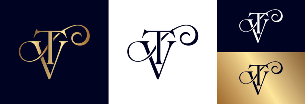 Luxury monogram letter VT logo design with ornate golden calligraphy swirling details.