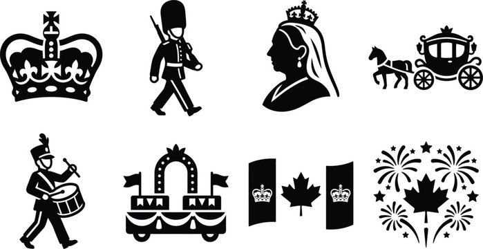 Canada Victoria Day Royal Parade Icon Set, Canadian Monarchy Heritage Symbols, Queen Victoria Silhouette, Horse-Drawn Carriage, and Fireworks Vector Illustrations