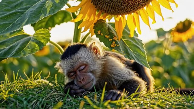 Capuchin Monkey Sleeping Peacefully Under A Large Sunflower In A Summer Meadow During The Golden Hour Sunlight In A Natural Tropical Environment