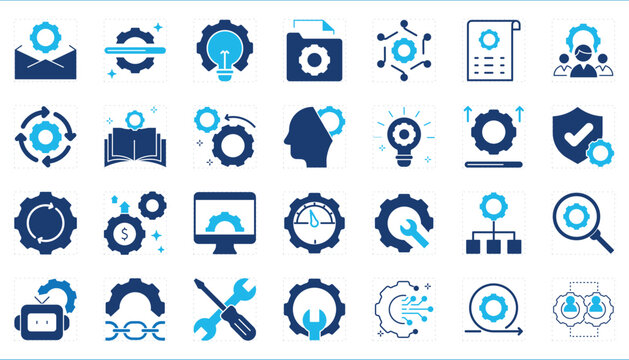A set of icons related to Gears and Settings. Gear, setup, development, industrial, optimization, green, warn, and so on.
