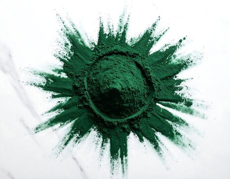 Detailed spirulina powder explosion with fine particles on marble, elegant green burst for organic wellness design.