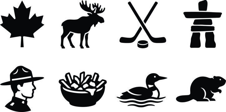 Canada Cultural Symbols Silhouette Icon Set, Victoria Day Canadian Identity Illustrations, Maple Leaf, Poutine, Moose, and Inuksuk Vector Graphics