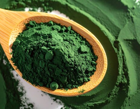 Detailed spirulina powder on wooden spoon and marble surface, high quality organic ingredient for culinary design.