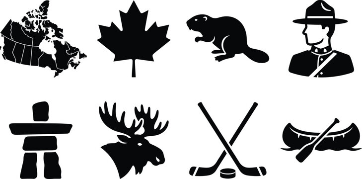 Canada National Symbols Silhouette Icon Set, Victoria Day Canadian Heritage Illustrations, Maple Leaf, Beaver, Mountie, and Hockey Vector Graphics
