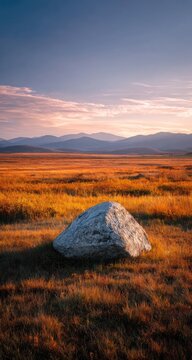 Large gray boulder in a golden autumnal meadow, tranquil landscape at sunset