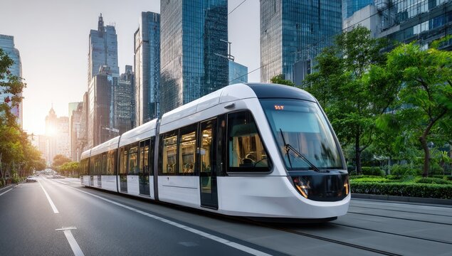 Modern light rail in city street at sunrise