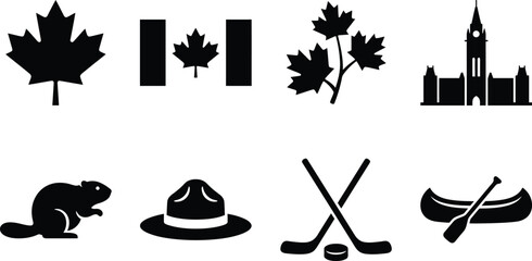 Obraz premium Canada National Symbols Silhouette Icon Set – Maple Leaf, Flag, Parliament Hill, Beaver, RCMP Hat, Hockey, and Canoe