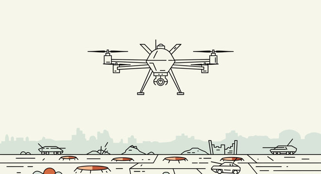 Drone Surveillance: A futuristic drone hovers above a war-torn landscape, surveying tanks and armored vehicles with precision.