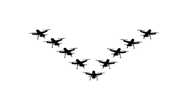 Drones in Formation: A squadron of modern unmanned aerial vehicles (UAVs), silhouetted against a plain backdrop, executes a precise, coordinated flight pattern. Representing technology and progress.
