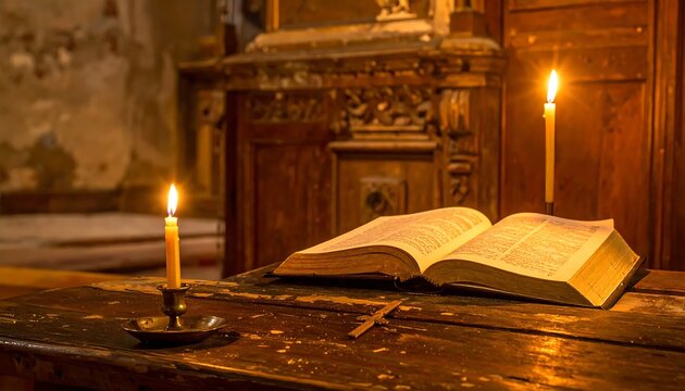 Ancient book with candles in church.
