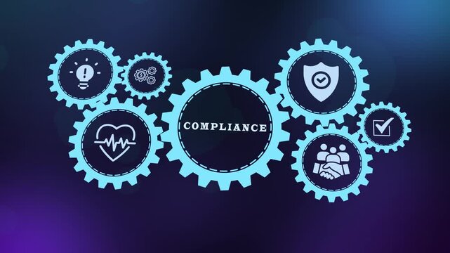 Regulatory compliance and standards concept with gears and shield icon representing legal security and industrial verification.