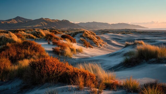 Sunrise over a vast sandy beach with dunes and scrubby vegetation