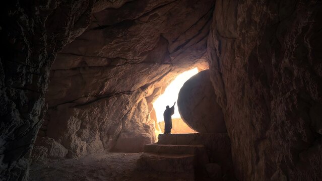 The image depicts Christ calling Lazarus out of the tomb from the dead as the main subject as light penetrates deeper into the cave space + stone interior walls revealed gradually by advancing illumin