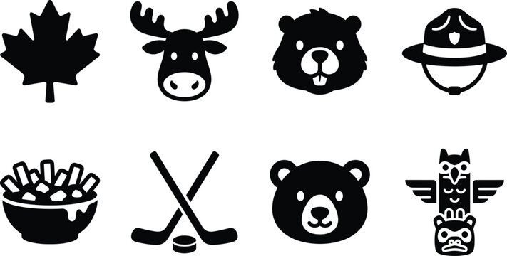 Canada Cultural Symbols Icon Set &ndash; Maple Leaf, Moose, Beaver, RCMP Hat, Poutine, Hockey, Bear, and Totem Pole Silhouette