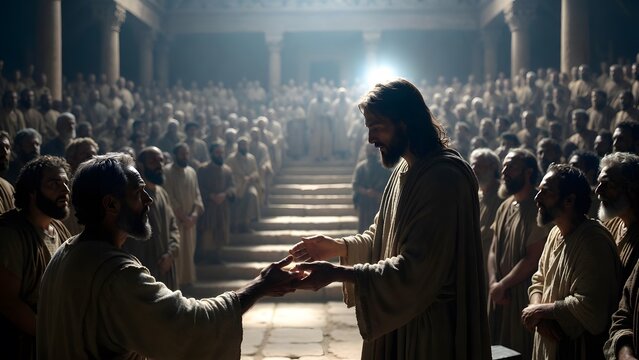 Christ restoring a withered hand before observers in a public setting as the main subject + synagogue interior with structured seating and attentive figures surrounding the central act + controlled in