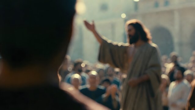 Christ performing a miracle positioned off-center as if seen from peripheral awareness as the main subject + composition emphasizing empty foreground space with event occurring toward frame edge + sof