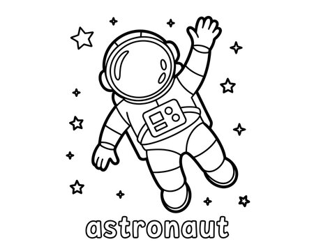 Line art astronaut floating in space with stars
