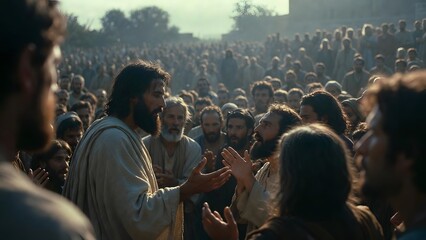 Fototapeta premium Christ interacting with the miraculous moment while a crowd observes in stillness as the main subject + densely populated outdoor setting with varying distances between figures + controlled natural li