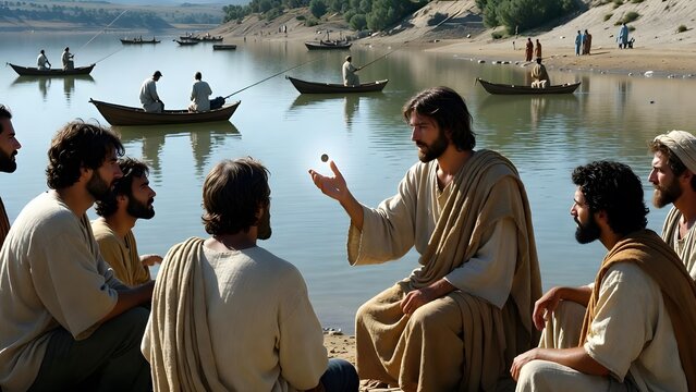 Christ demonstrating a miraculous provision involving a coin revealed before disciples as the main subject + lakeside setting with fishing activity and attentive followers nearby + clear daylight illu