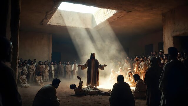 Christ commanding a paralytic to rise and walk before a watching crowd as the main subject + interior space with roof opening above allowing light to enter and illuminate central area + focused beam o