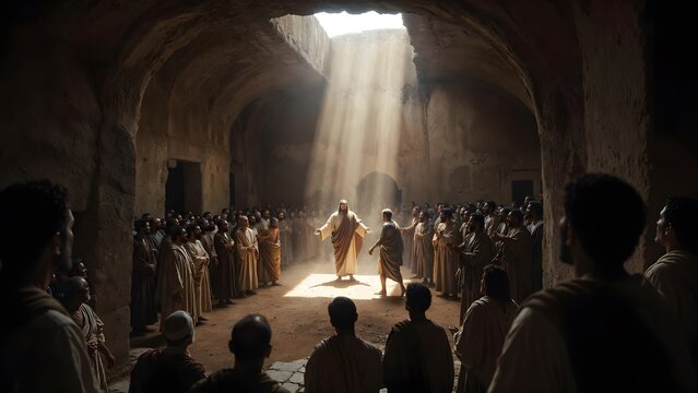 Christ commanding a paralytic to rise and walk before a watching crowd as the main subject + interior space with roof opening above allowing light to enter and illuminate central area + focused beam o