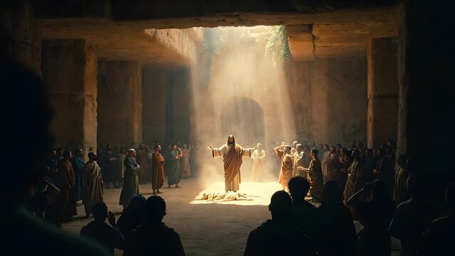 Christ commanding a paralytic to rise and walk before a watching crowd as the main subject + interior space with roof opening above allowing light to enter and illuminate central area + focused beam o
