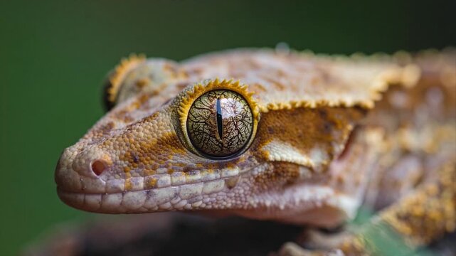 Close-up of a reptile's eye and head, showcasing textured skin and detailed eye structure